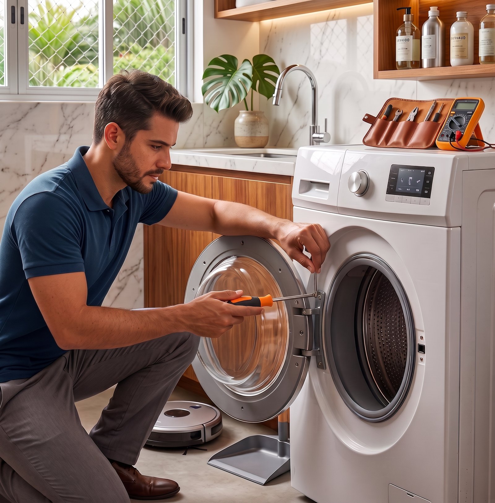 Técnico da House Service Refrigeração consertando geladeira, lava e seca e máquina de lavar em domicílio